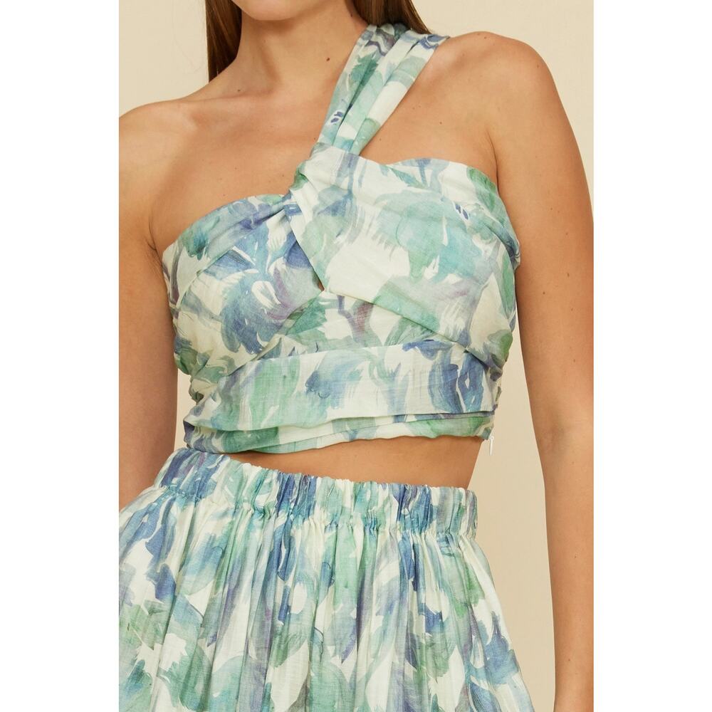 NWT Lucy Paris Sophia One Shoulder Top Blue Floral Linen M